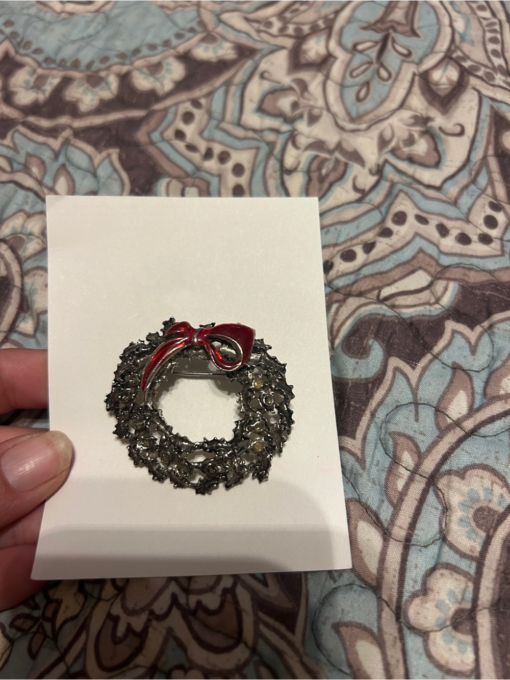 Vintage  Silver-Tone Wreath Brooch with Red Enamel Bow